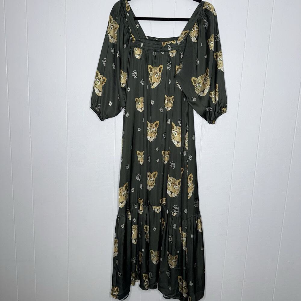 BULULU Resort Wear Women’s Leopard Cat Print Maxi Dress Green Dull Satin S/M
